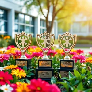 Serene garden at Hasbro Children's Hospital with awards