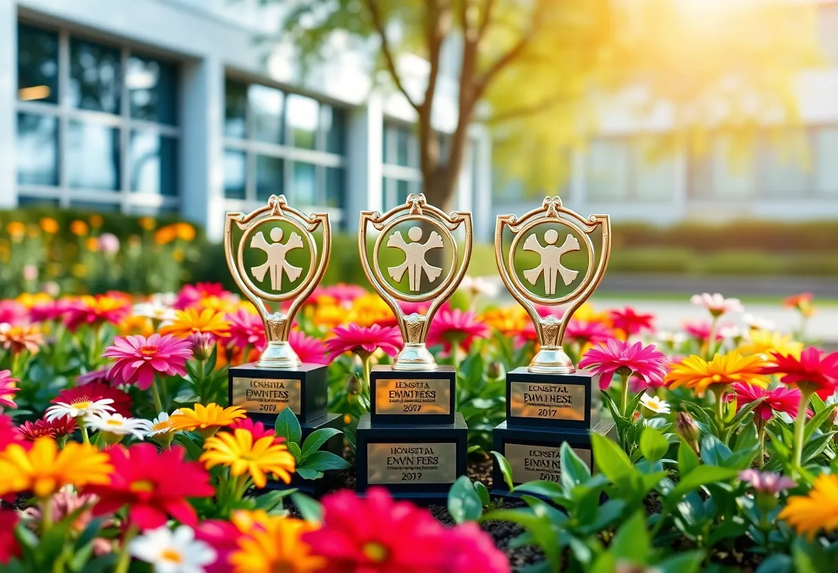 Serene garden at Hasbro Children's Hospital with awards