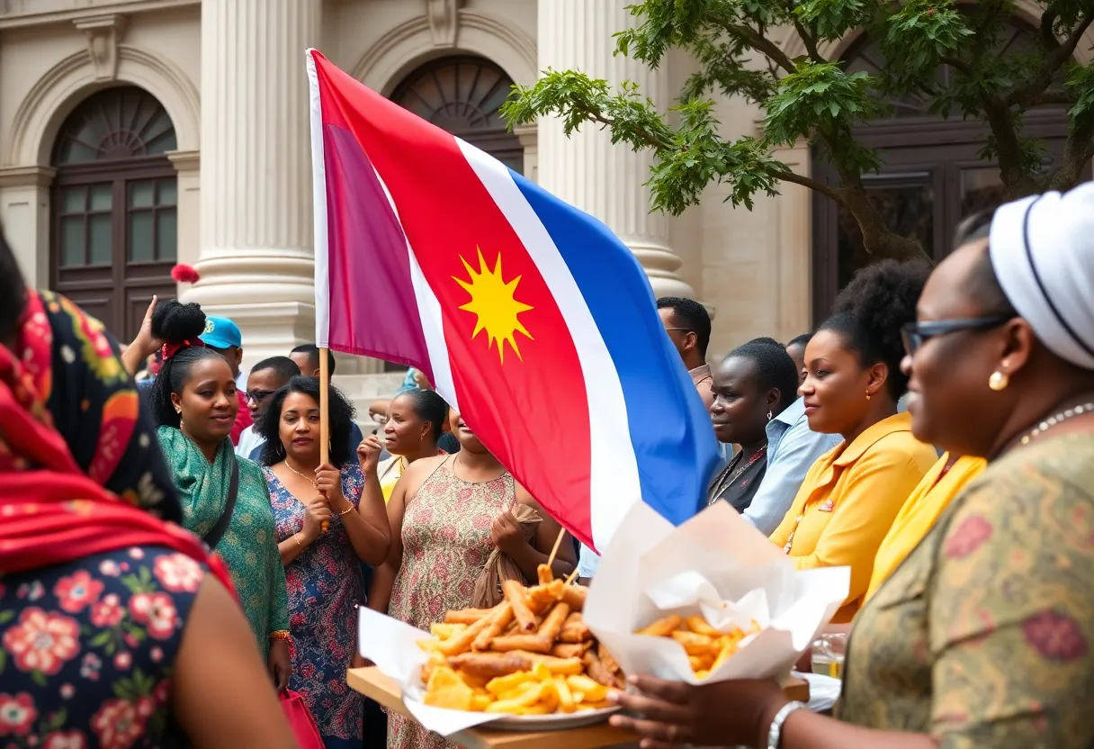 Community celebration with Cape Verdean flag at City Hall