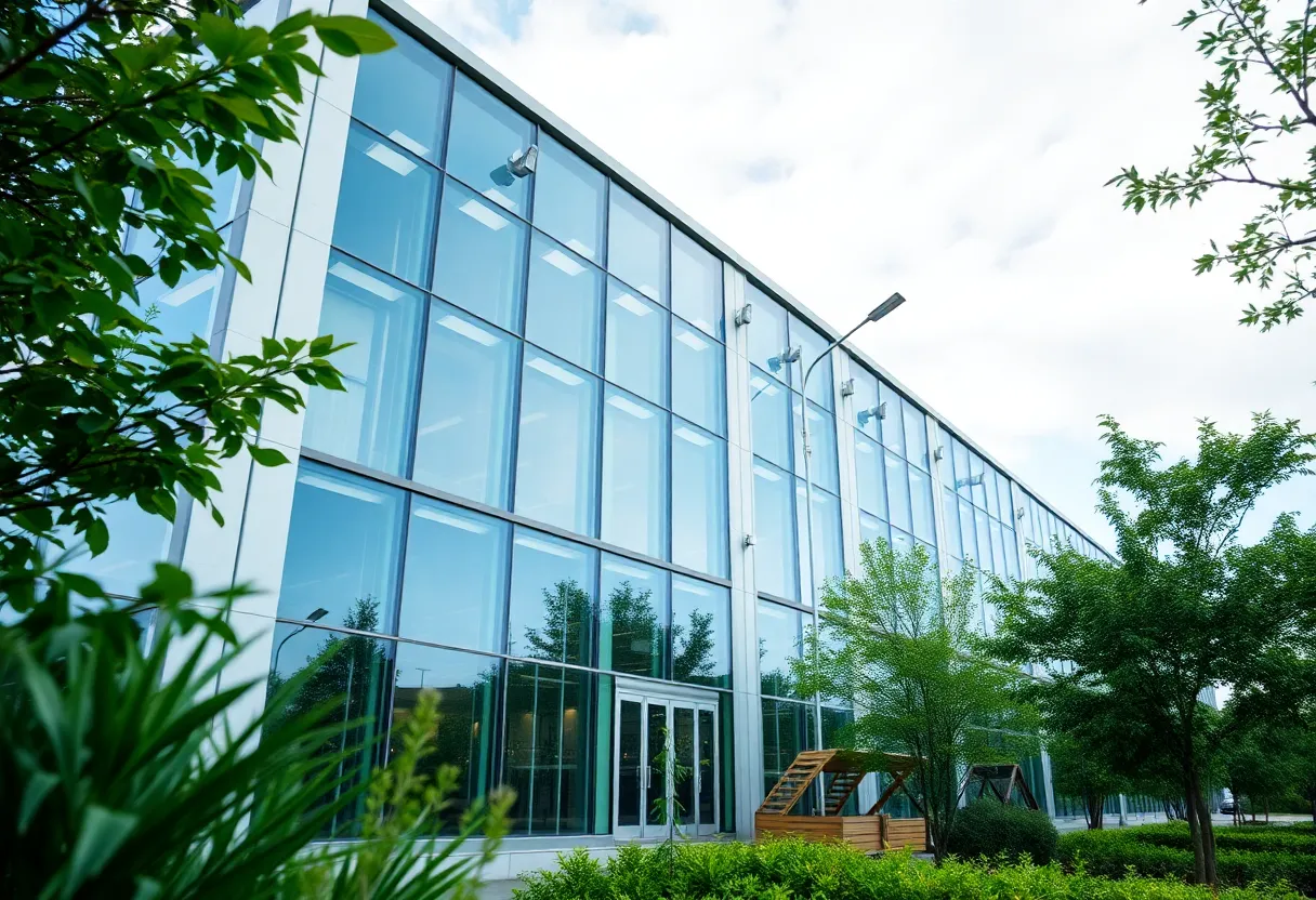 Exterior view of the Carol Cable Mill with energy-efficient lighting.