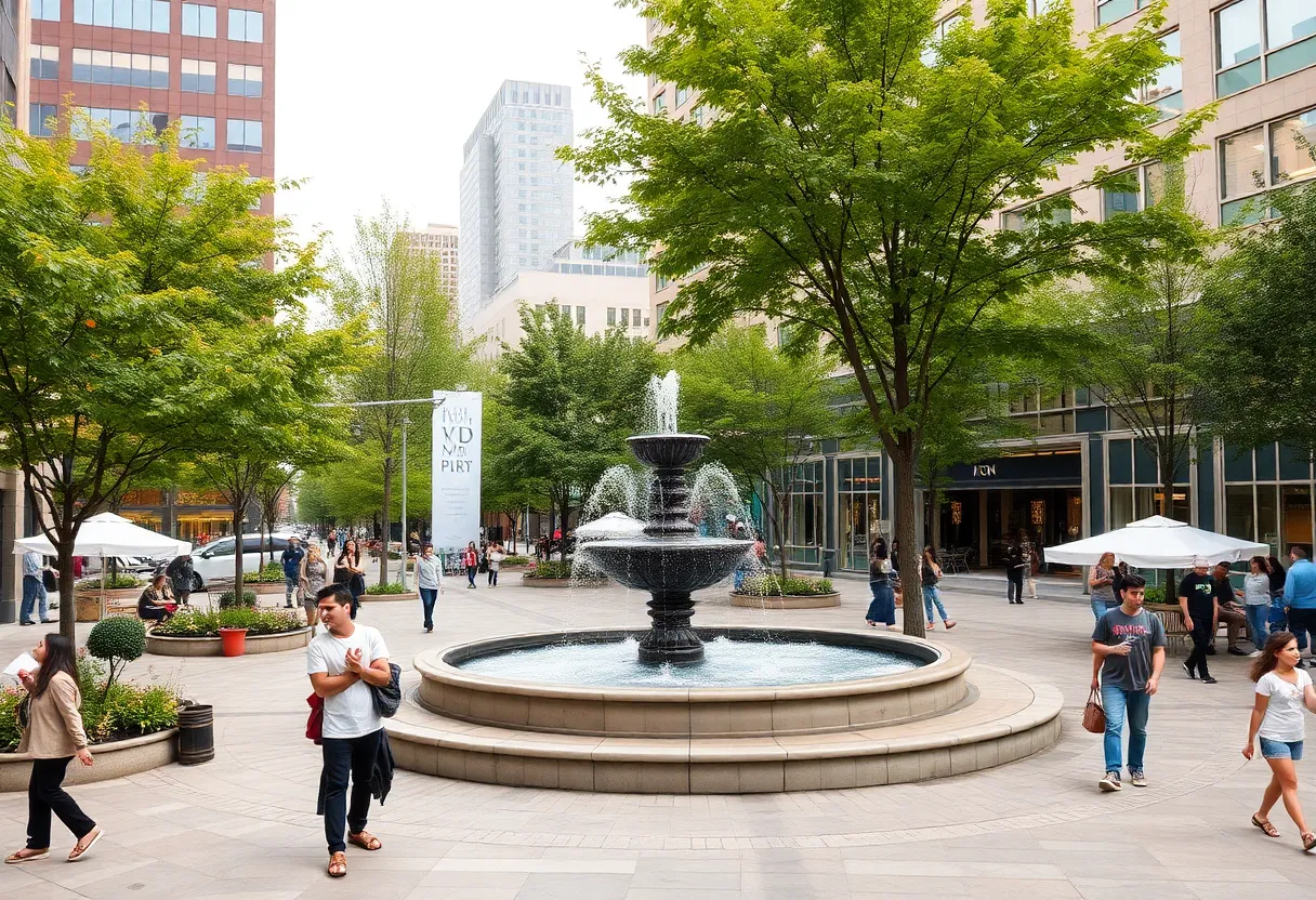 An inviting public space in Cathedral Square with trees and people gathering.