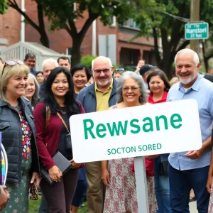 Community members celebrating the renaming of Rounds Avenue to Rita Murphy Way.