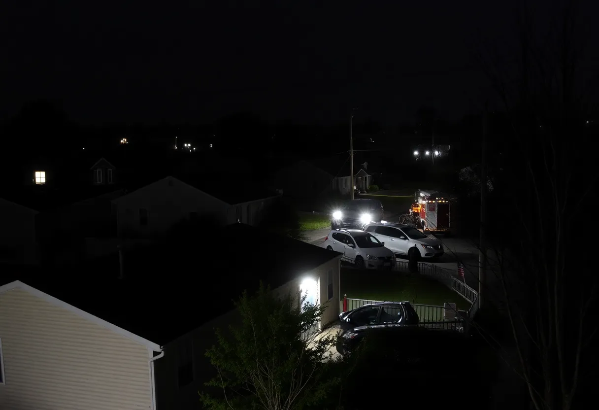 Central Falls homes during power outage with utility workers