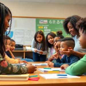 Teachers collaborating in a diverse charter school classroom.