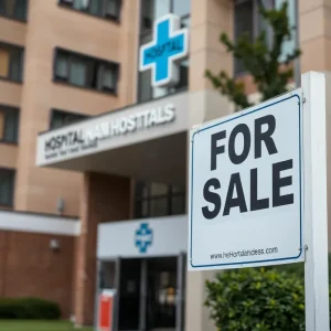 Exterior of CharterCARE hospital with a sign indicating a sale