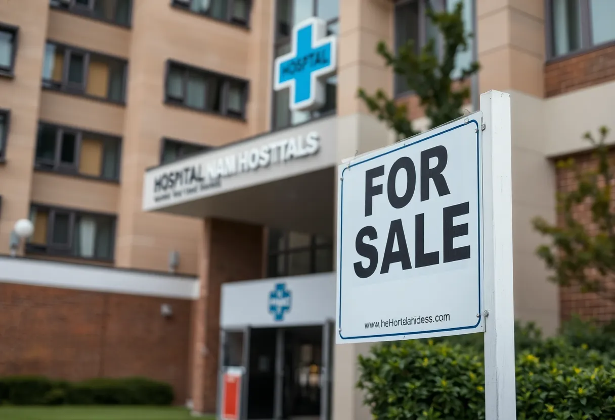 Exterior of CharterCARE hospital with a sign indicating a sale
