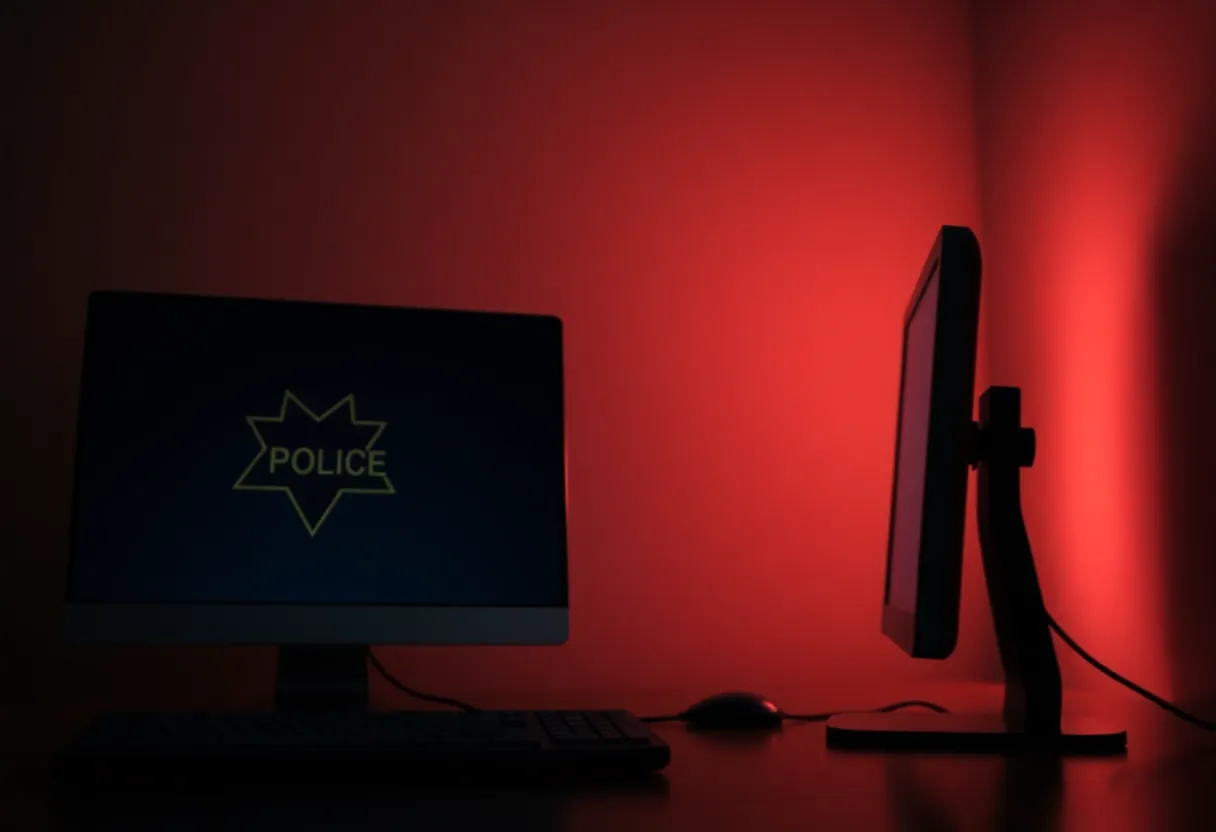 A police badge next to a computer related to child exploitation investigation