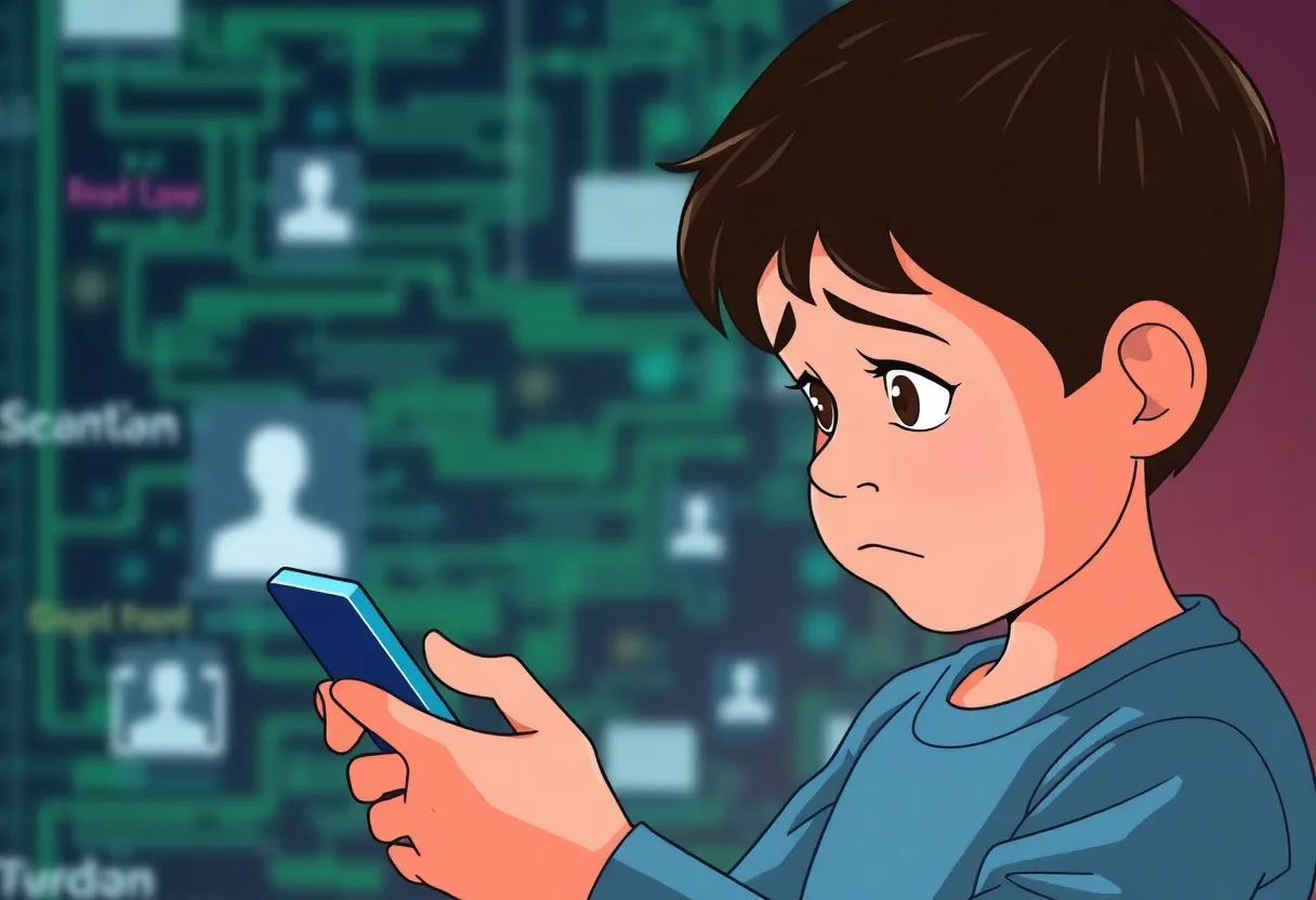 An illustration highlighting child online safety and the risks associated with digital interactions.