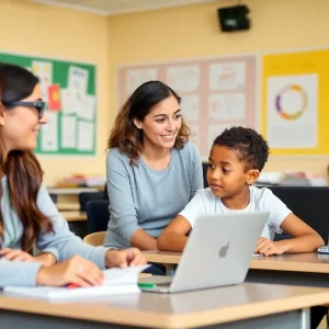 Teachers collaborating with students in a classroom setting