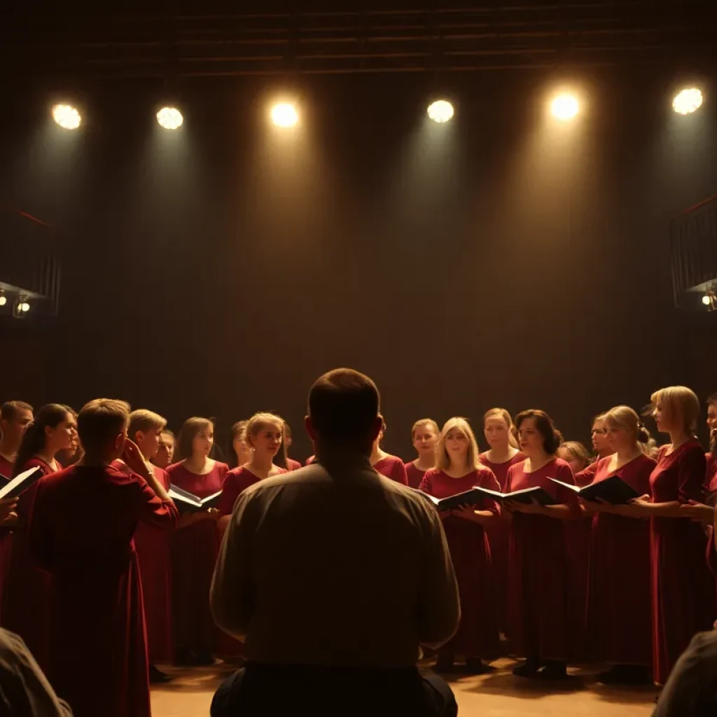 Scene from Cold War Choir Practice showcasing rehearsal with choir members in a dramatic setting.