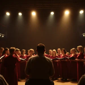 Scene from Cold War Choir Practice showcasing rehearsal with choir members in a dramatic setting.