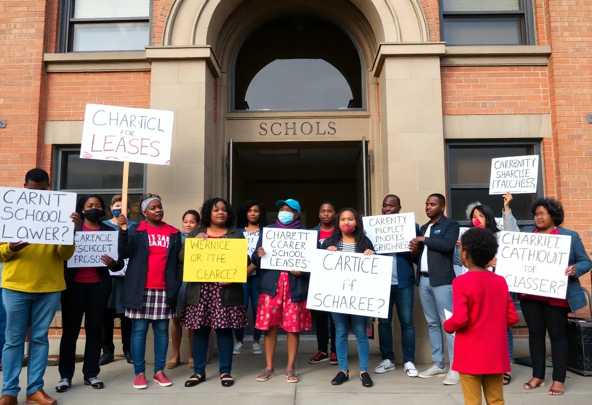 Parents, teachers, and students protesting against charter school lease outside Carl G. Lauro Elementary School.