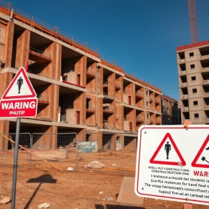 Construction site with warning signs regarding violations