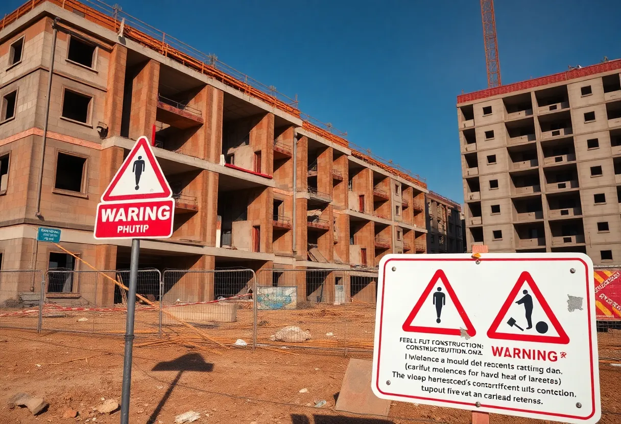 Construction site with warning signs regarding violations