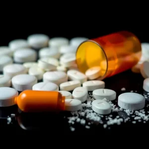 Conceptual image of counterfeit pills and opioid crisis awareness