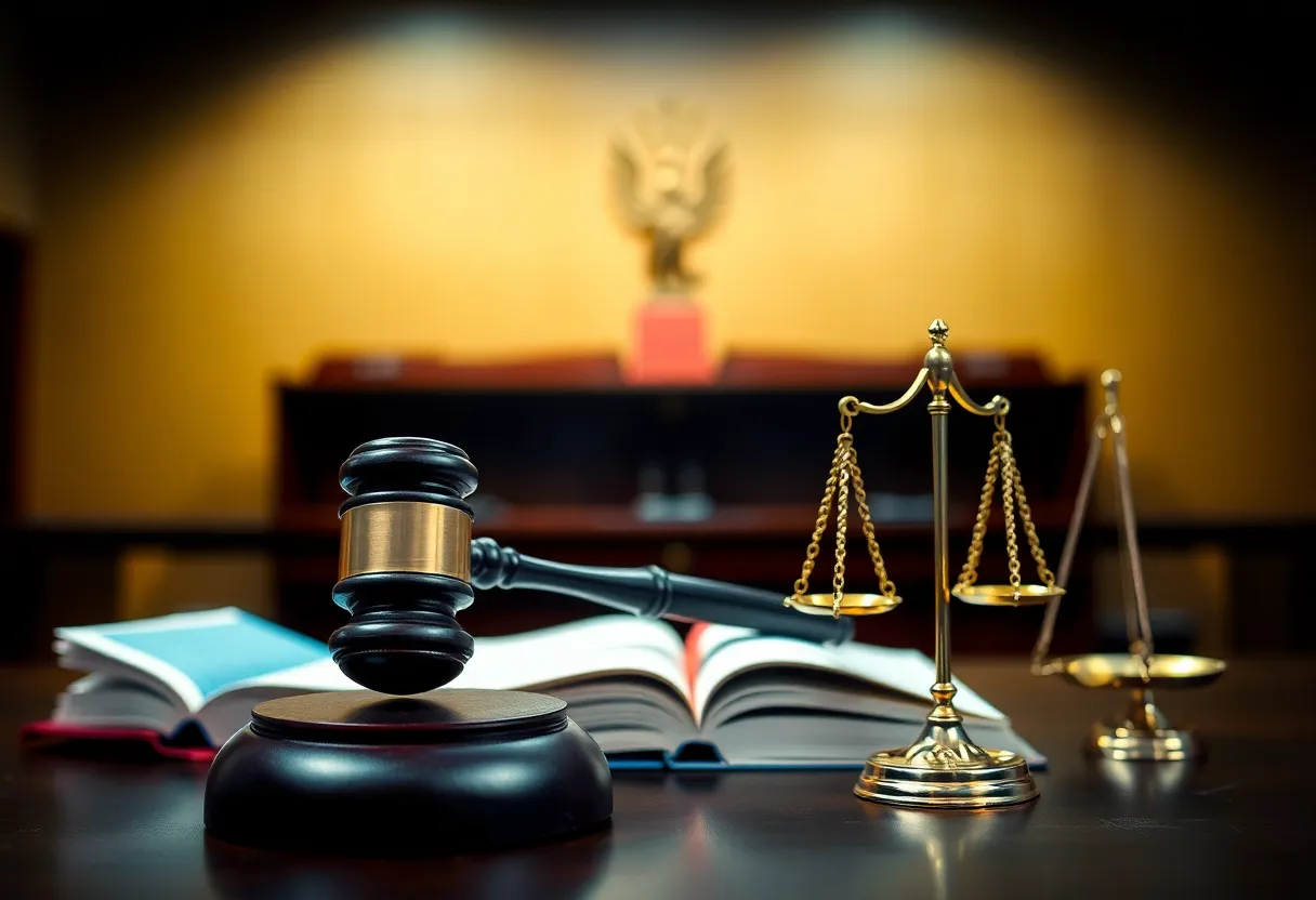 Abstract representation of courtroom justice and fraud.