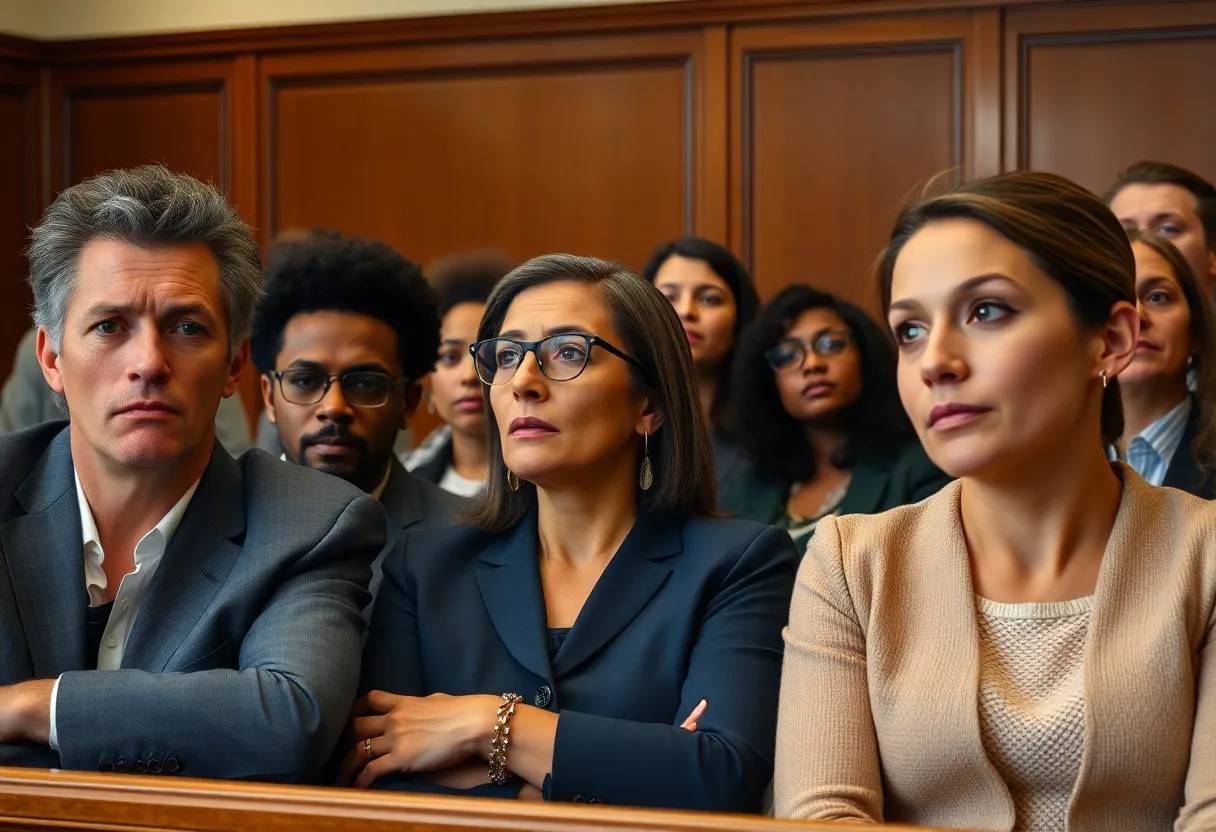 A tense courtroom atmosphere during a ruling