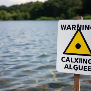 Warning sign regarding toxic blue-green algae at a lake in Cranston