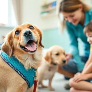 A therapy dog providing comfort to a child in a supportive environment.