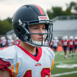 High school football player with helmet cover