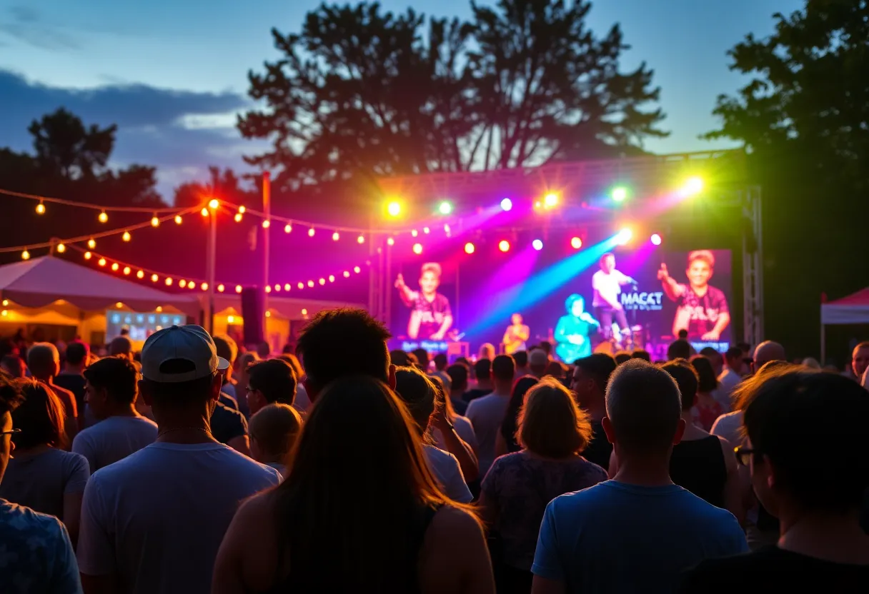 Outdoor concert featuring a diverse crowd enjoying live music under summer night sky