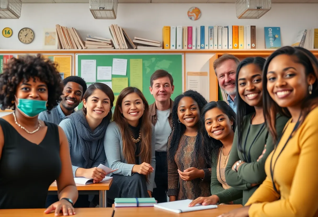 A diverse group of educators in a classroom promoting education equity.