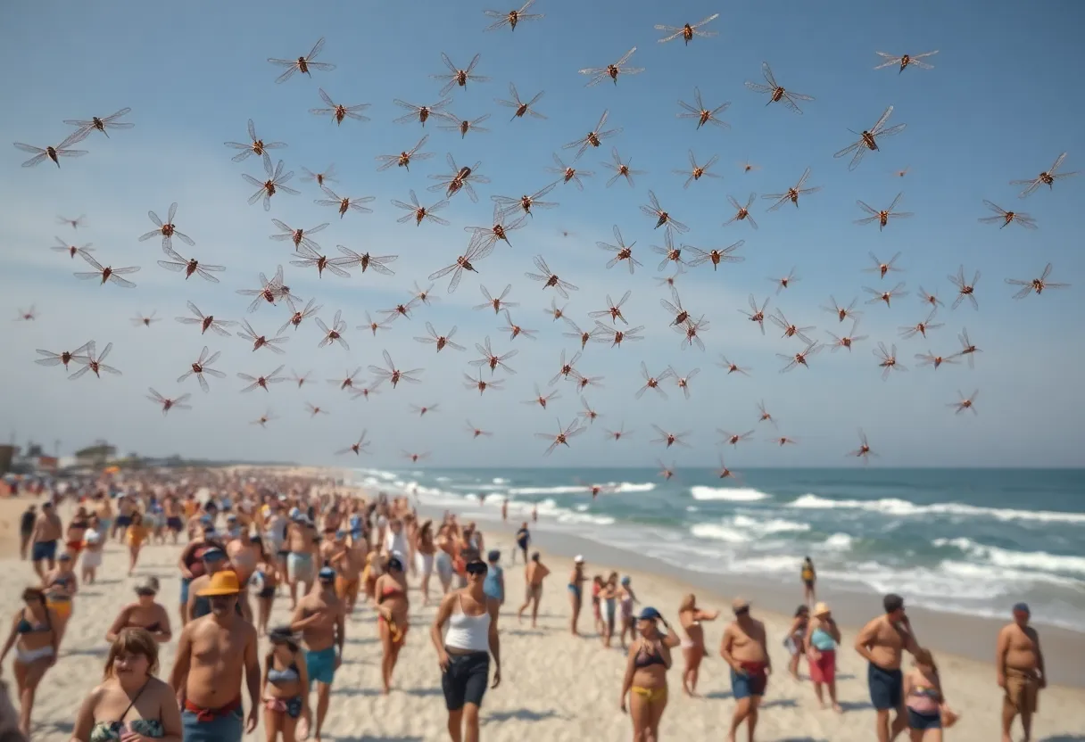 A large swarm of dragonflies over Misquamicut Beach with beachgoers looking amazed.