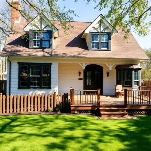 Exterior view of a Dutch Colonial Revival home in Providence with a landscaped backyard.