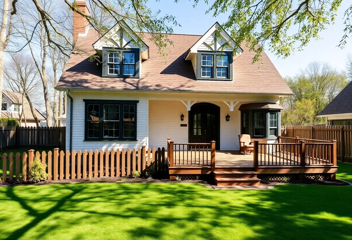 Exterior view of a Dutch Colonial Revival home in Providence with a landscaped backyard.