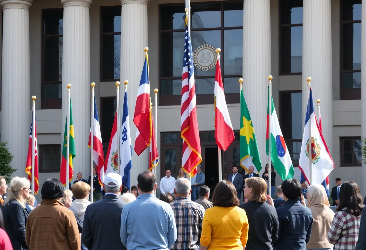 Flags representing different cultures at a flag-raising ceremony.