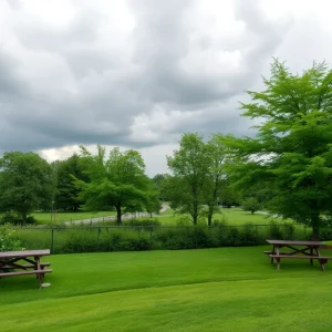 A park in East Providence, Rhode Island, with stormy weather and empty picnic areas.