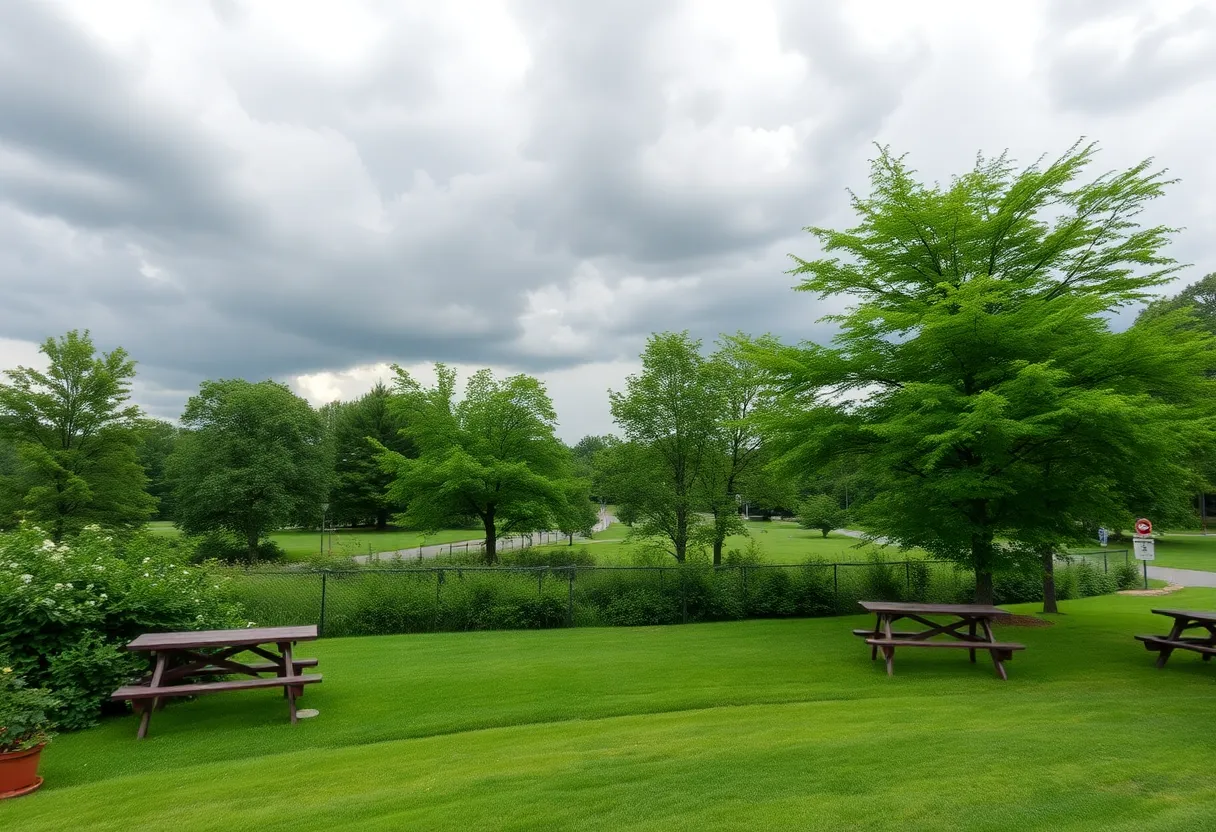 A park in East Providence, Rhode Island, with stormy weather and empty picnic areas.