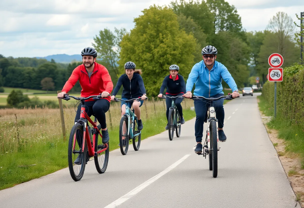 Cyclists riding electric bikes on a safe pathway