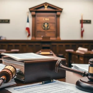 A courtroom scene representing an education funding lawsuit