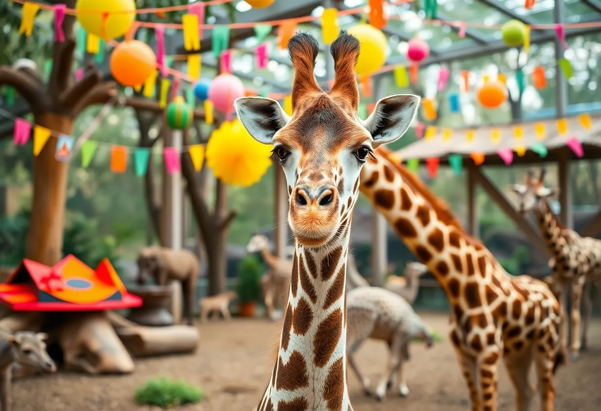 Enzi the Masai giraffe celebrating his second birthday at the zoo