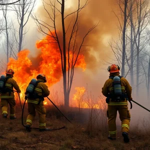 Firefighters responding to a brush fire in a wooded area
