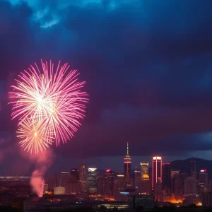 Colorful fireworks exploding in the sky above a city