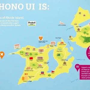 Map of Rhode Island featuring historical sites and interactive app elements.