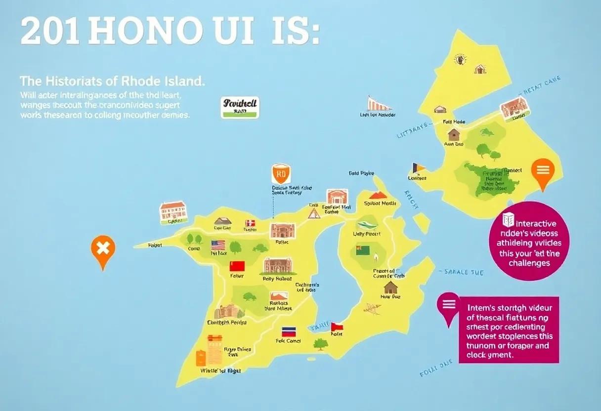 Map of Rhode Island featuring historical sites and interactive app elements.