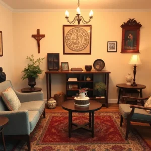 A cozy counseling room designed for grief counseling, featuring cultural artifacts.