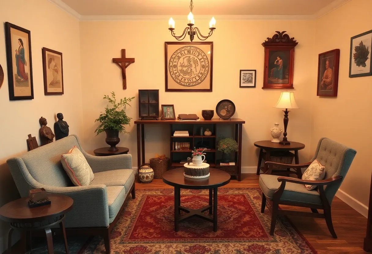A cozy counseling room designed for grief counseling, featuring cultural artifacts.