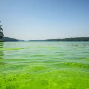 Contaminated water surface showing harmful algae blooms in Meshanticut Lake