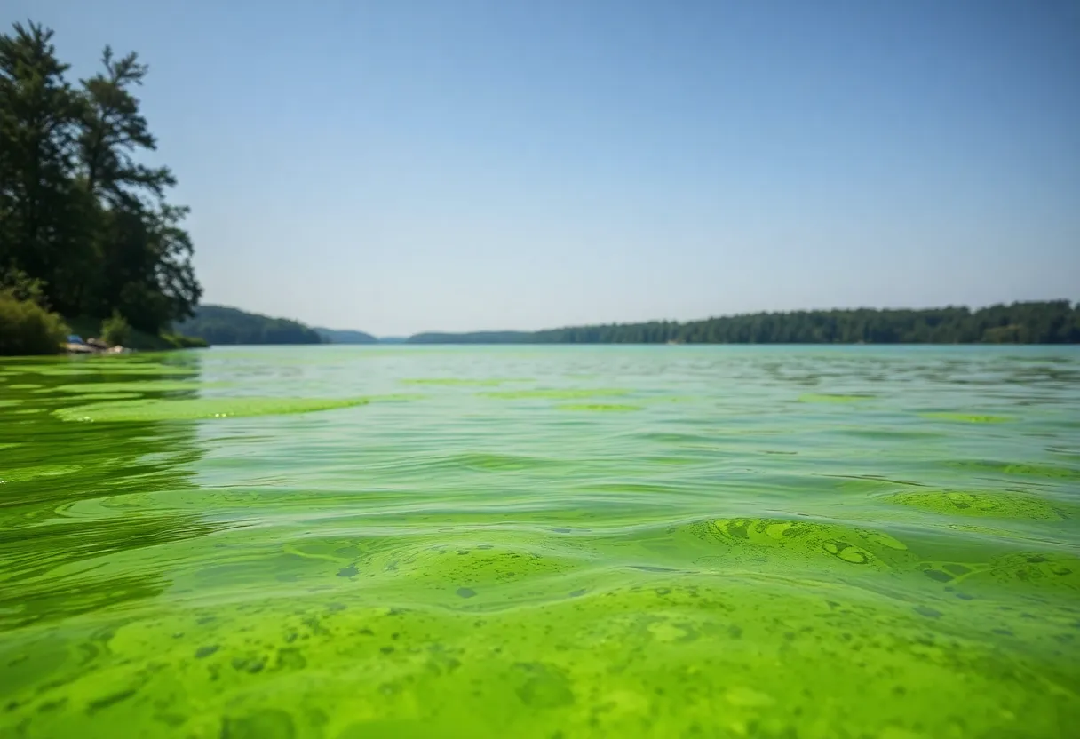 Contaminated water surface showing harmful algae blooms in Meshanticut Lake