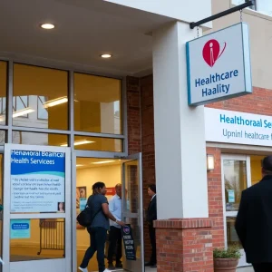 Exterior view of a healthcare facility with people entering and exiting.