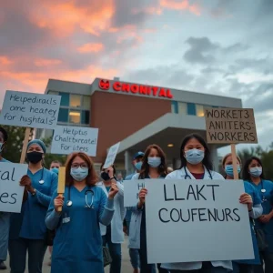 Healthcare workers protesting outside Butler Hospital
