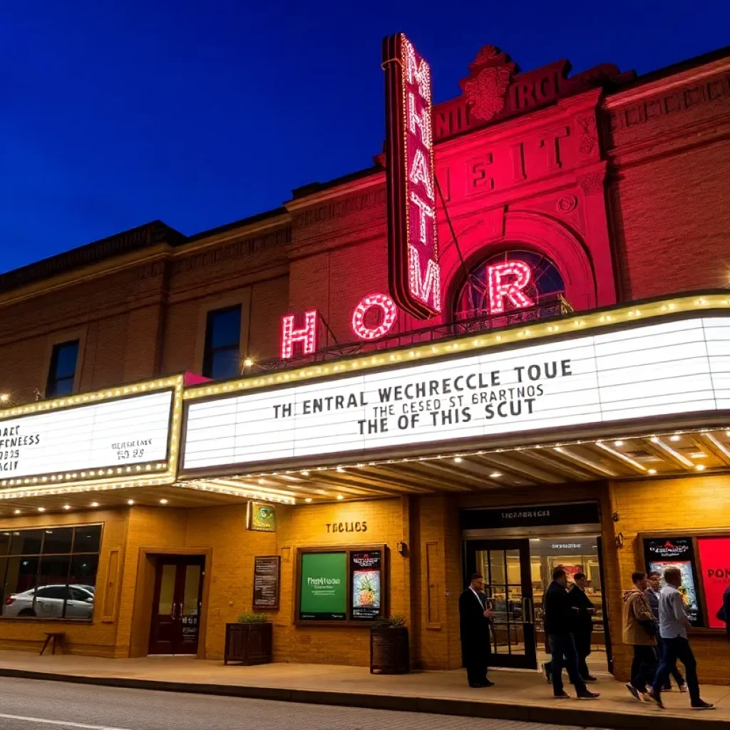 Exterior view of Historic Park Theatre with marquee lights