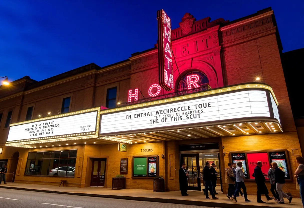 Exterior view of Historic Park Theatre with marquee lights