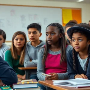 Students in a classroom discussing funding cuts