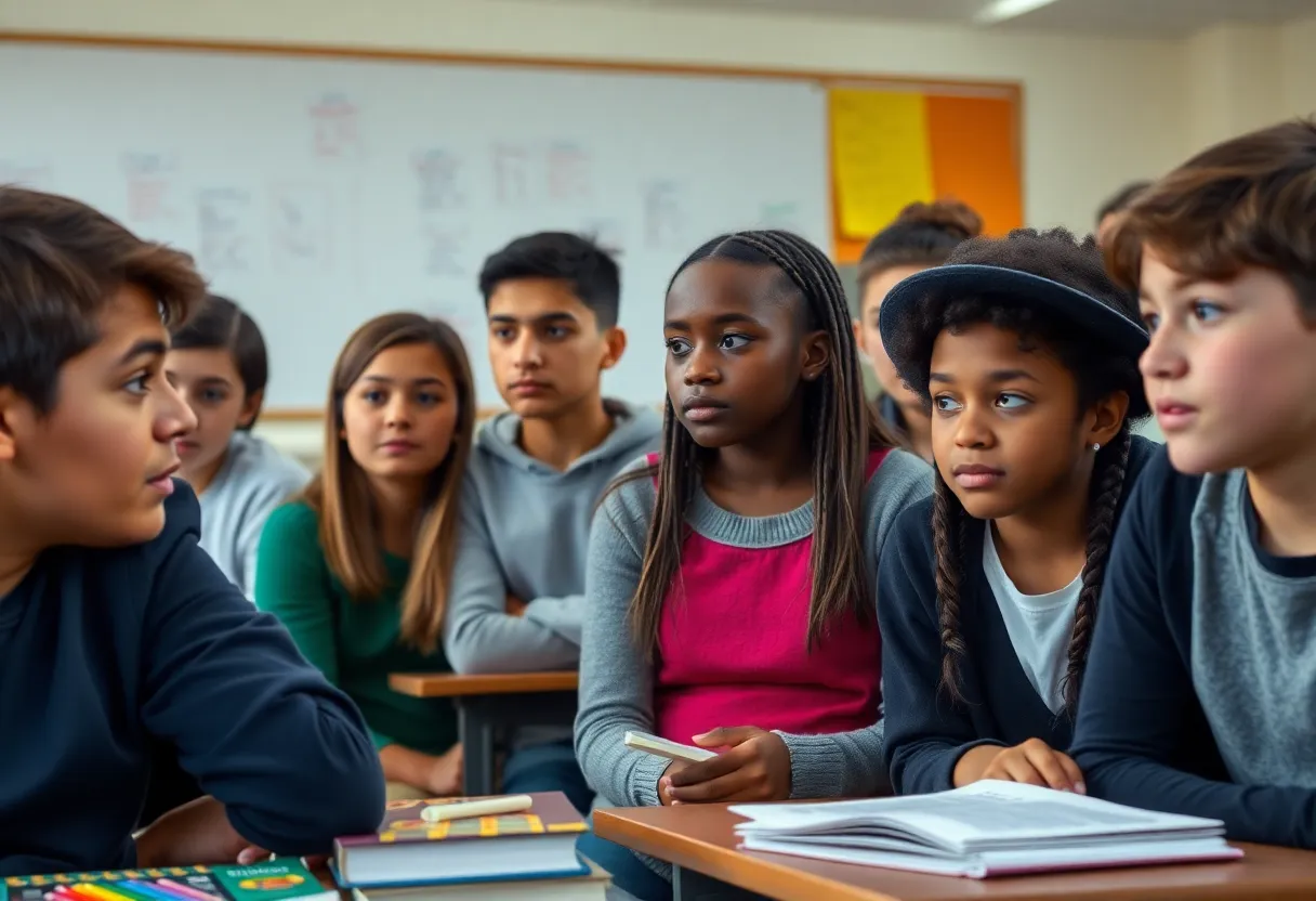 Students in a classroom discussing funding cuts