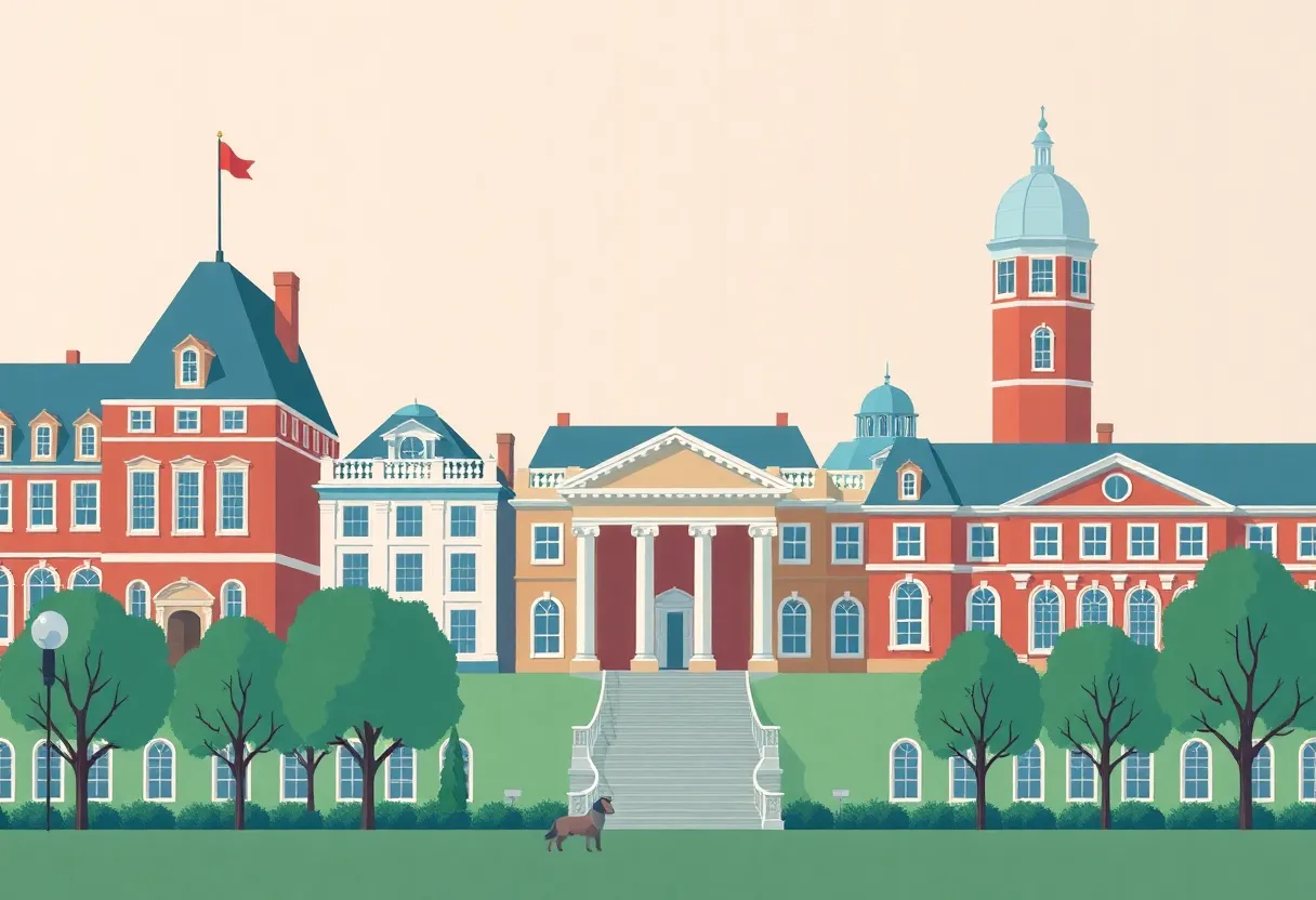 Illustration depicting Ivy League college buildings under investigation